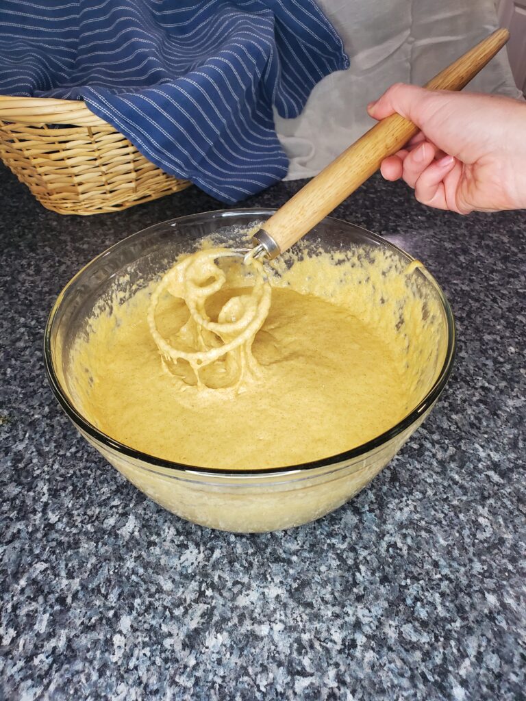 Simple Sourdough waffle batter mixed up and ready to cook